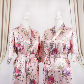 pink satin robe with floral designs