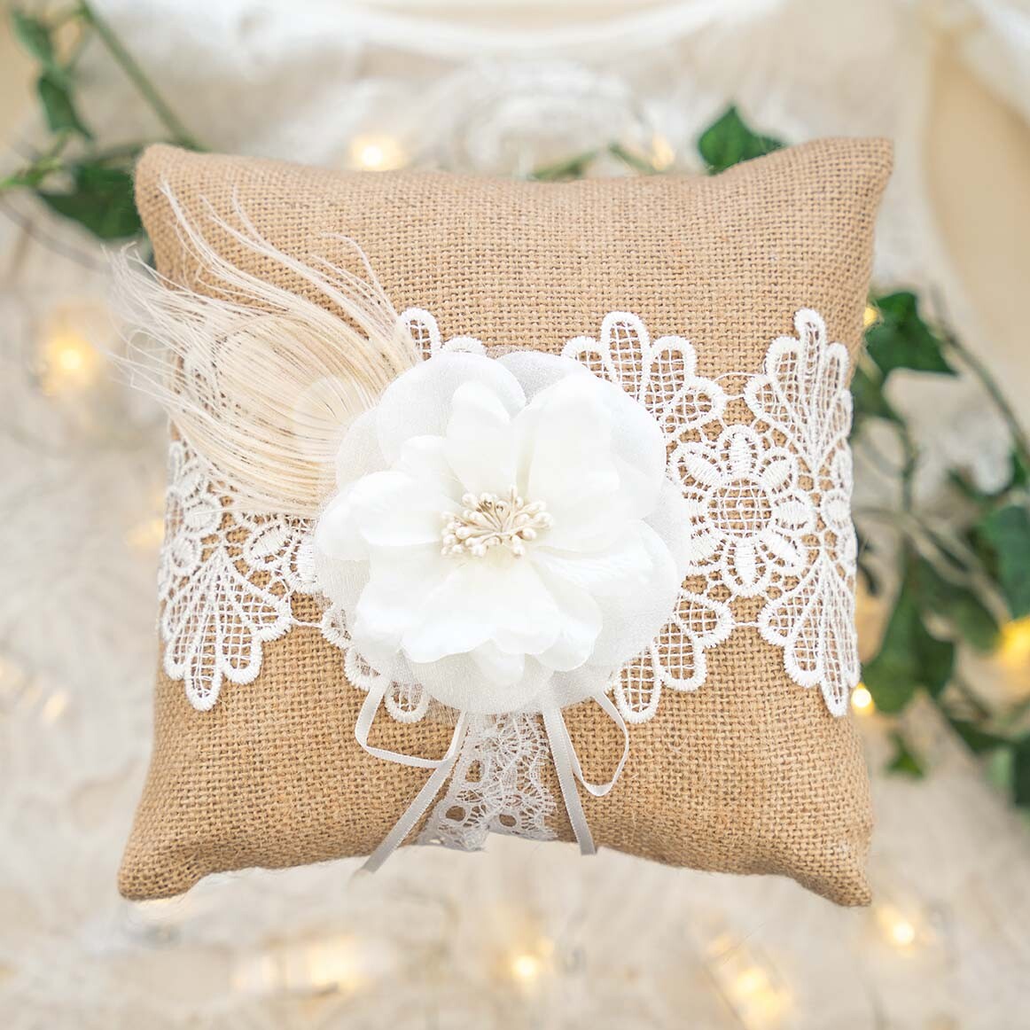Ring Bearer Pillow | Decorative Ring Pillow | Linen-look Ivory Ring Pillow  | Eucalyptus Wedding | Ivory Floral | Garden Wedding Ring Pillow