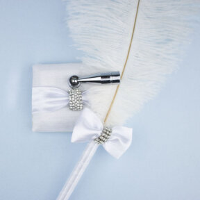 diamante clasp white satin feather pen